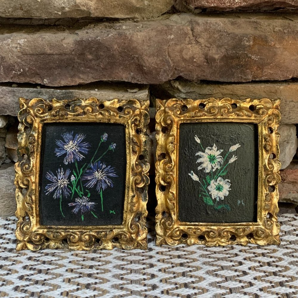 VTG 4 Floral Original Oil Paintings Gold Frames Black Philippa Connolly 1970 - Picture 14 of 16